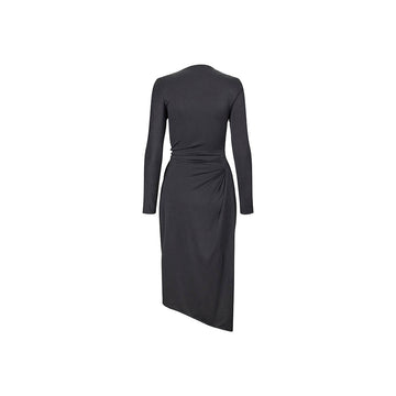 Long Sleeve Midi Dress With Fixed Buckle - Jet Black