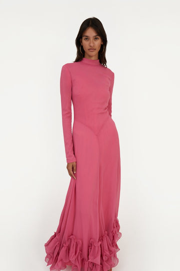 Chiffon Maxi Ruffle Dress - Carmine Rose (Pink)