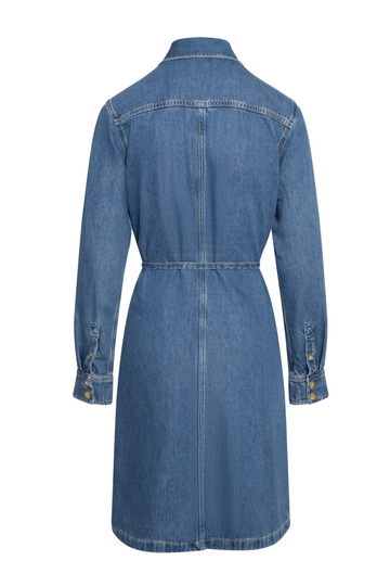 Gold Button Denim Shirt Dress - Mid Blue