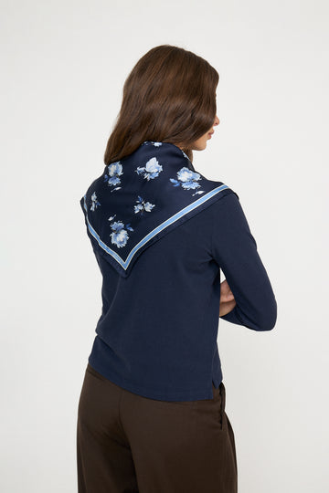 Floral Print Silk Scarf - Evening Blue