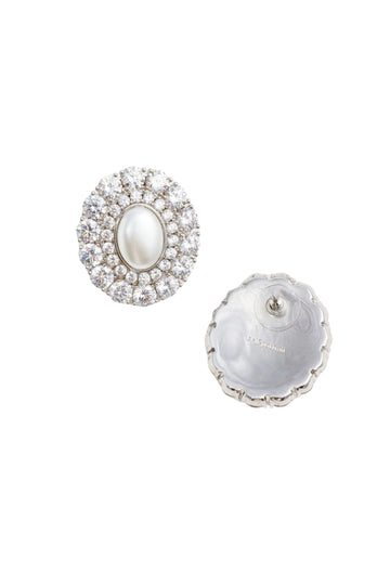 Oval Crystal Pearl Earrings - Silver