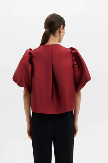 Cleo Puff-Sleeve Satin Blouse - Ruby