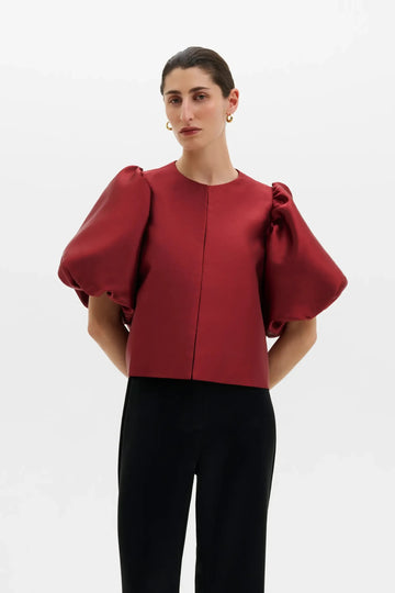 Cleo Puff-Sleeve Satin Blouse - Ruby