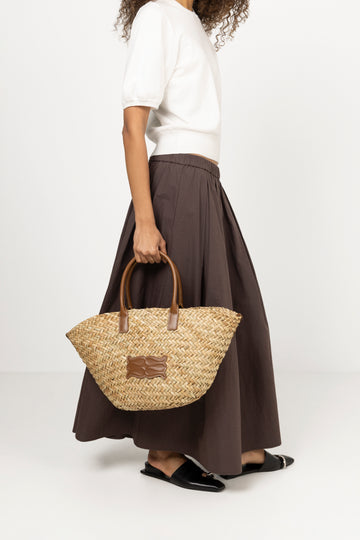 Large Leather Trimmed Monogram Straw Tote - Cognac