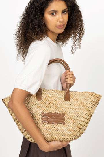 Large Leather Trimmed Monogram Straw Tote - Cognac