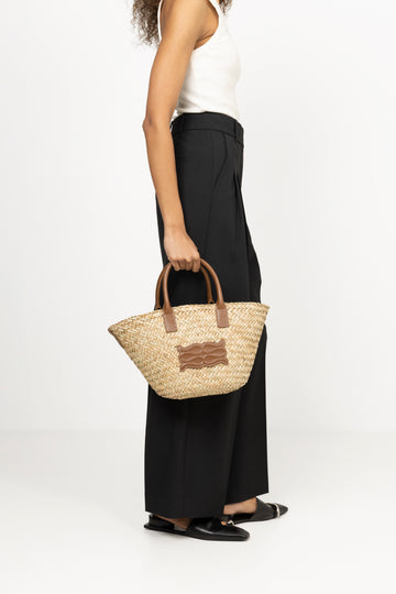 Small Leather Trimmed Monogram Straw Tote - Cognac