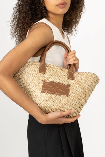 Small Leather Trimmed Monogram Straw Tote - Cognac