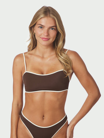 Fia Solid Contrast Bikini Top - Dark Brown/Creme