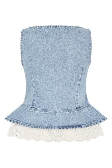 Boatneck Frill Buttoned Top - Denim Blue