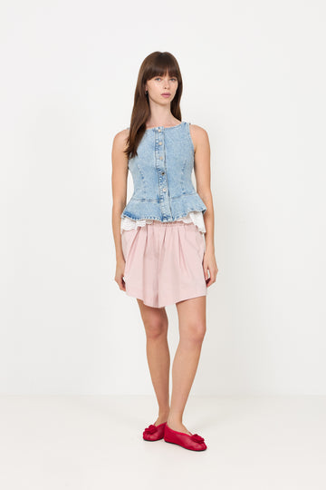 Boatneck Frill Buttoned Top - Denim Blue