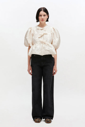 Satin Cloque Peplum Blouse - Egret