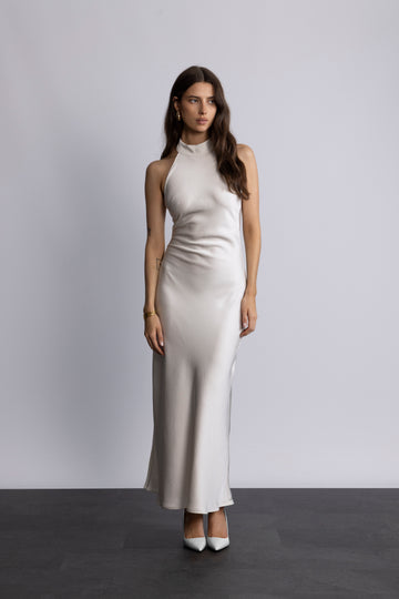 Lola Satin Halter Maxi Dress - Creme