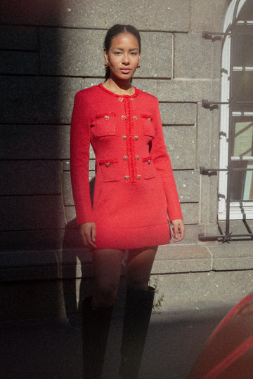 Knit Heart Buttoned Mini Dress - Red