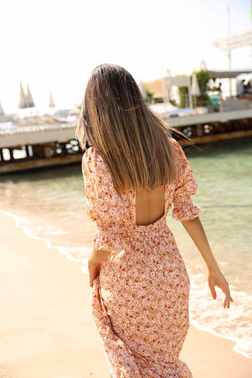 Koko Dress Long Open Back Short Sleeves - Peach Flower