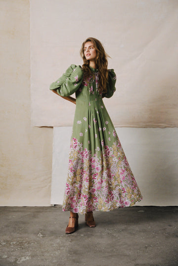 Crepe Tieback Gown - Green Field