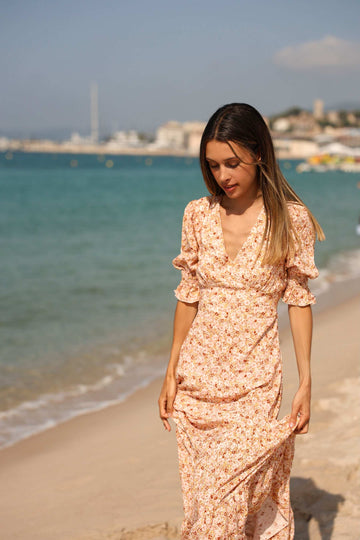 Koko Dress Long Open Back Short Sleeves - Peach Flower