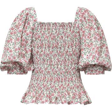 Rikka Top - White With Rose Flowers