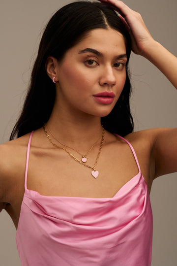 Pink Enamel Huggie Hoop Earrings With Swarovski Crystals - Pale Gold