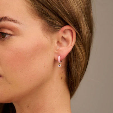 Pink Enamel Drop Huggie Hoop Earrings With Swarovski Crystals - Pale Gold