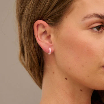 Pink Enamel Huggie Hoop Earrings With Swarovski Crystals - Pale Gold