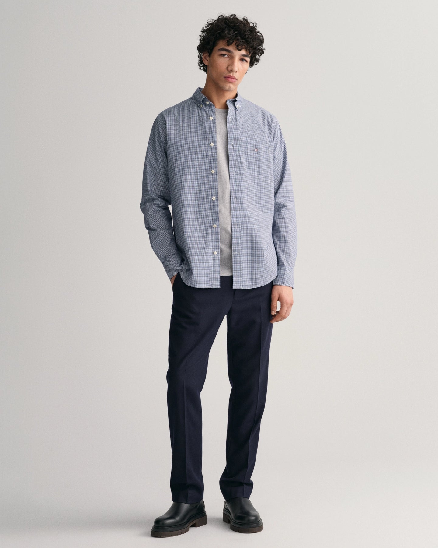 Reg Poplin Micro Check Shirt - College Blue