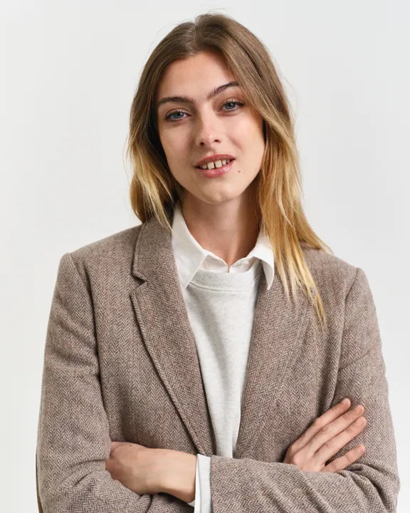 Reg Herringbone Short Blazer - Caramel Beige
