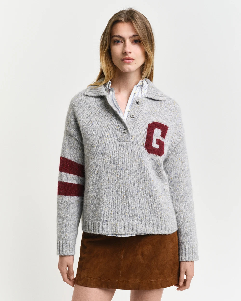 G Intarsia Knitted Polo - Light Grey Melange