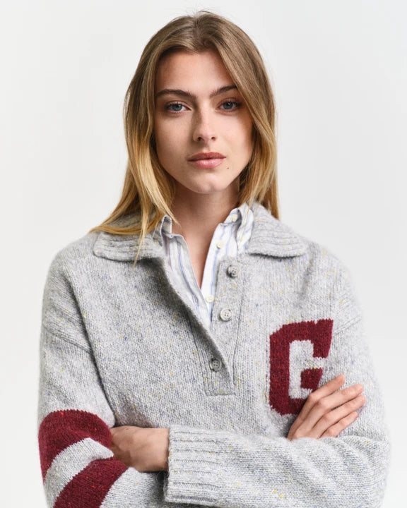 G Intarsia Knitted Polo - Light Grey Melange