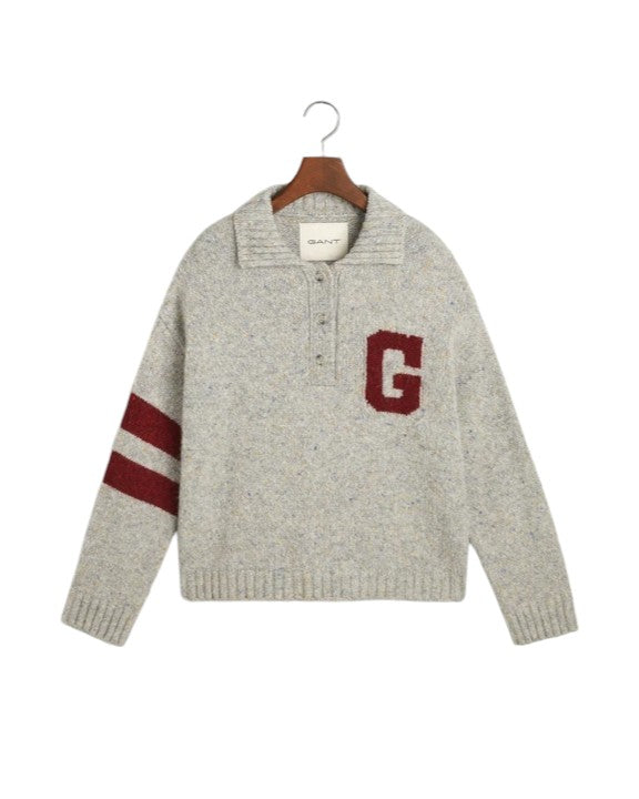 G Intarsia Knitted Polo - Light Grey Melange