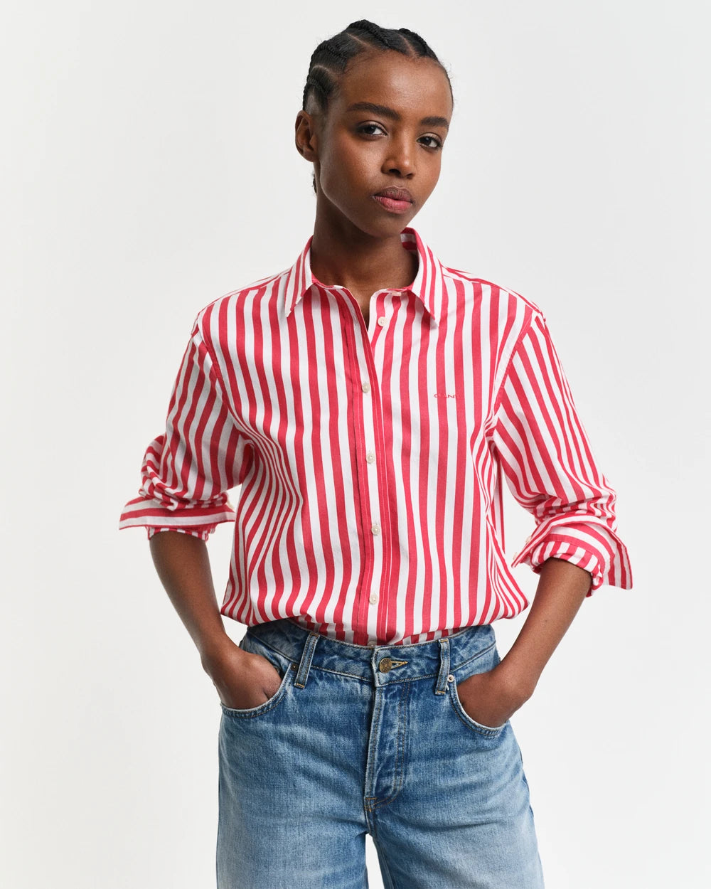 Reg Poplin Wide Striped Shirt - Bright Red