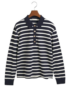 Breton Stripe Ls Pique Polo - Evening Blue
