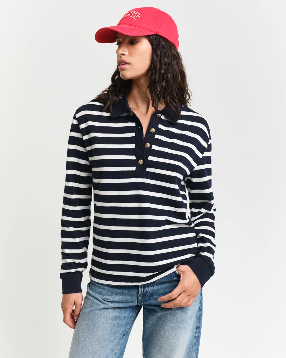Breton Stripe Långärmad Pikétröja - Evening Blue