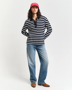 Breton Stripe Ls Pique Polo - Evening Blue