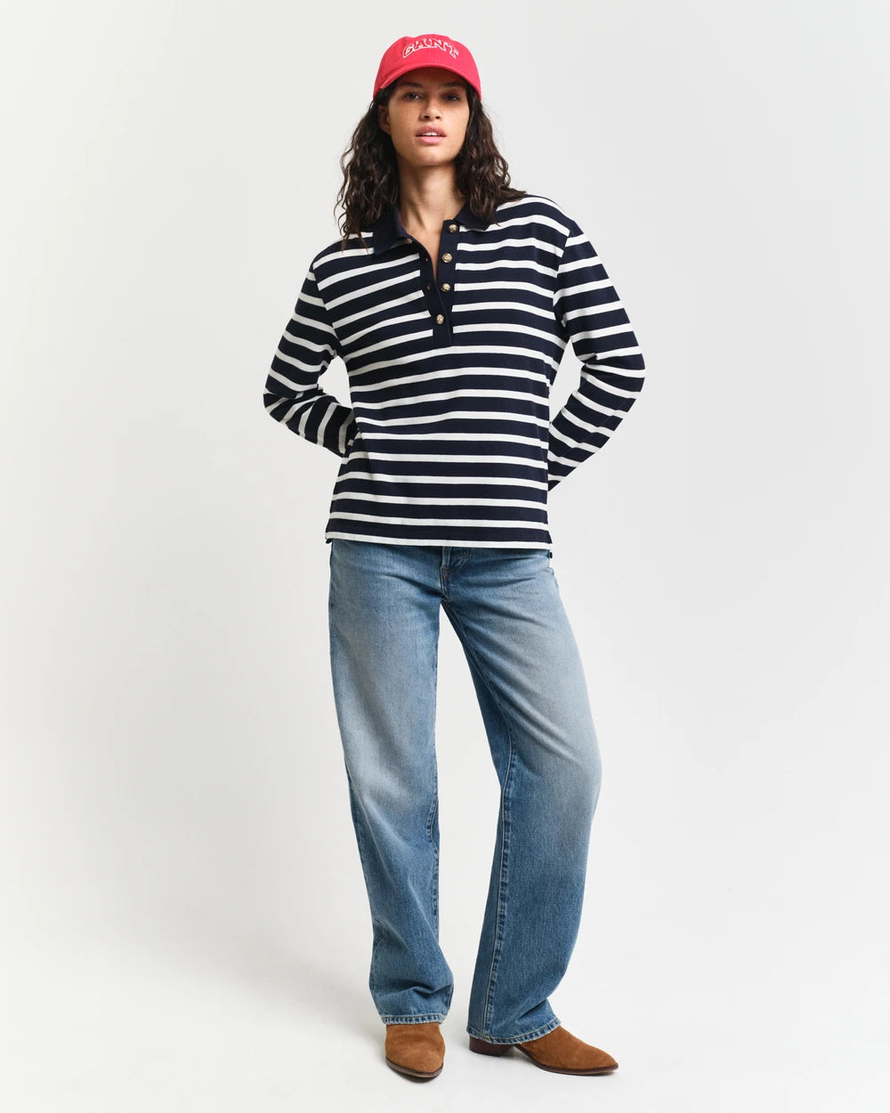 Breton Stripe Långärmad Pikétröja - Evening Blue