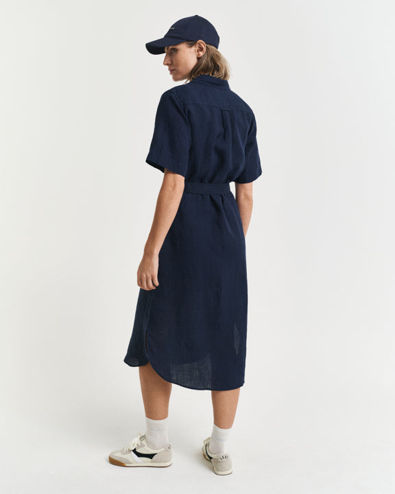 Reg Linen Ss Shirt Dress - Evening Blue
