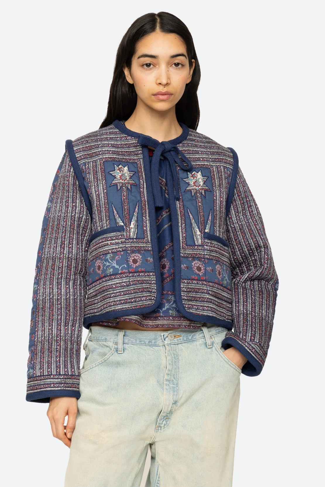 Valeria Print L/Slv Quilted Coat - Navy
