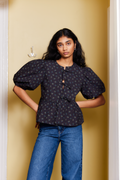 GANNI Printed Cotton Peplum Blouse - Phantom
