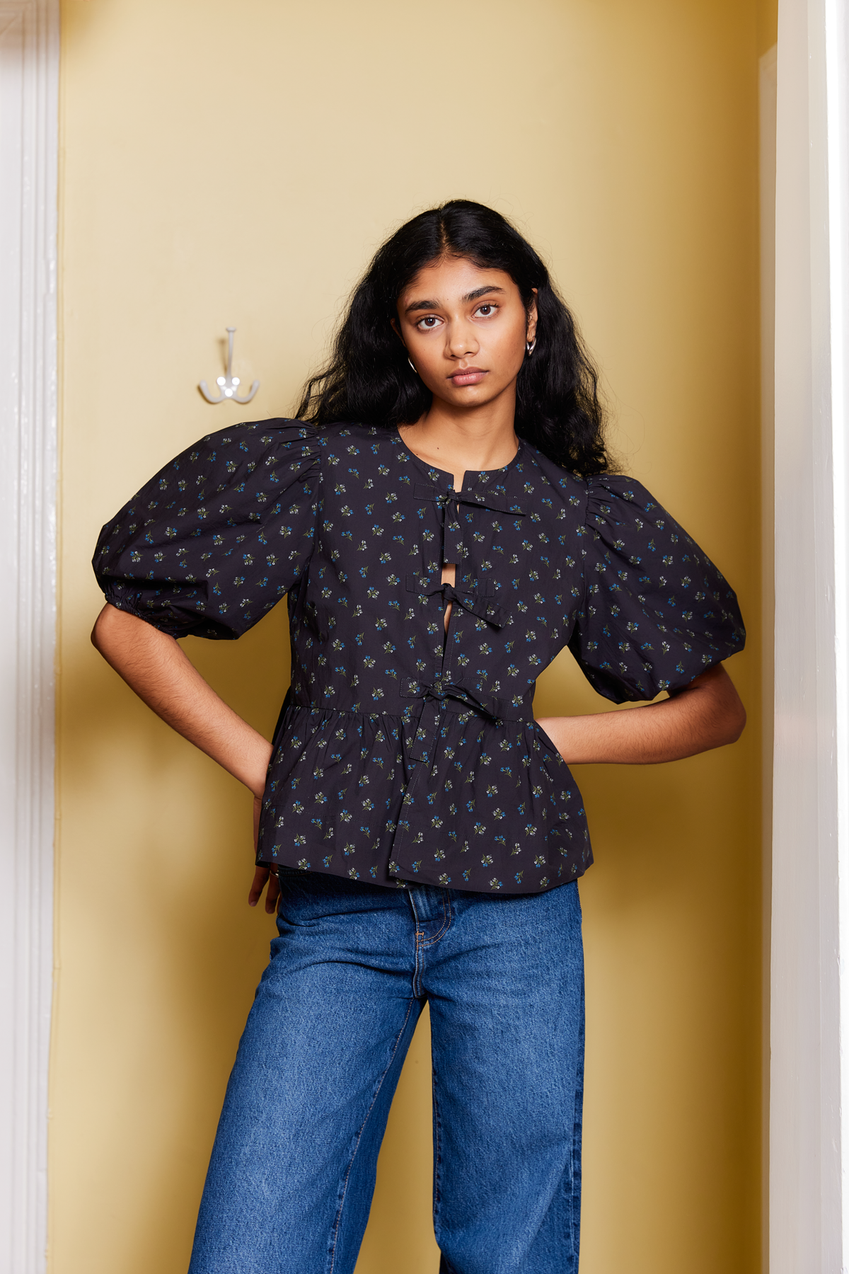 GANNI Printed Cotton Peplum Blouse - Phantom