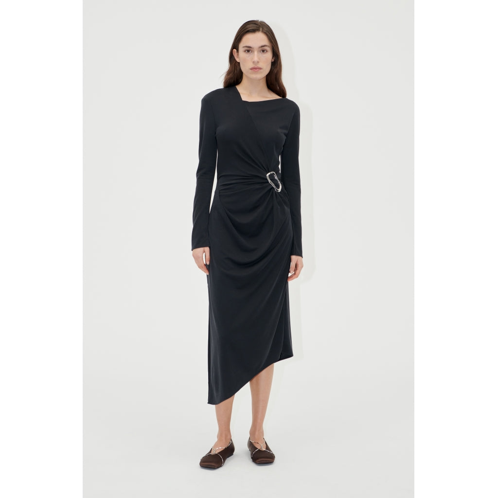 Long Sleeve Midi Dress With Fixed Buckle - Jet Black