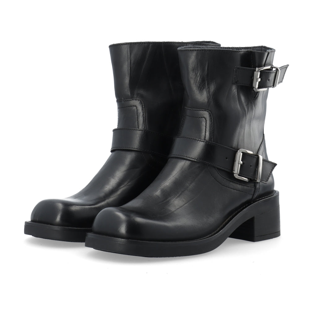 Biaharper Mid Calf Biker Boot Pull Up Leather - Svart