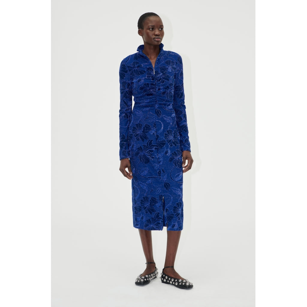Gathered Long Sleeve Midi Dress - Fine Line Poppies
