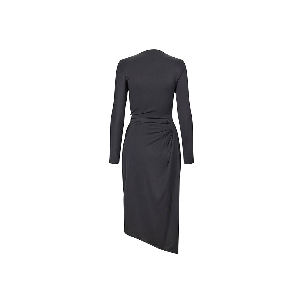Long Sleeve Midi Dress With Fixed Buckle - Jet Black