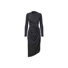 Long Sleeve Midi Dress With Fixed Buckle - Jet Black