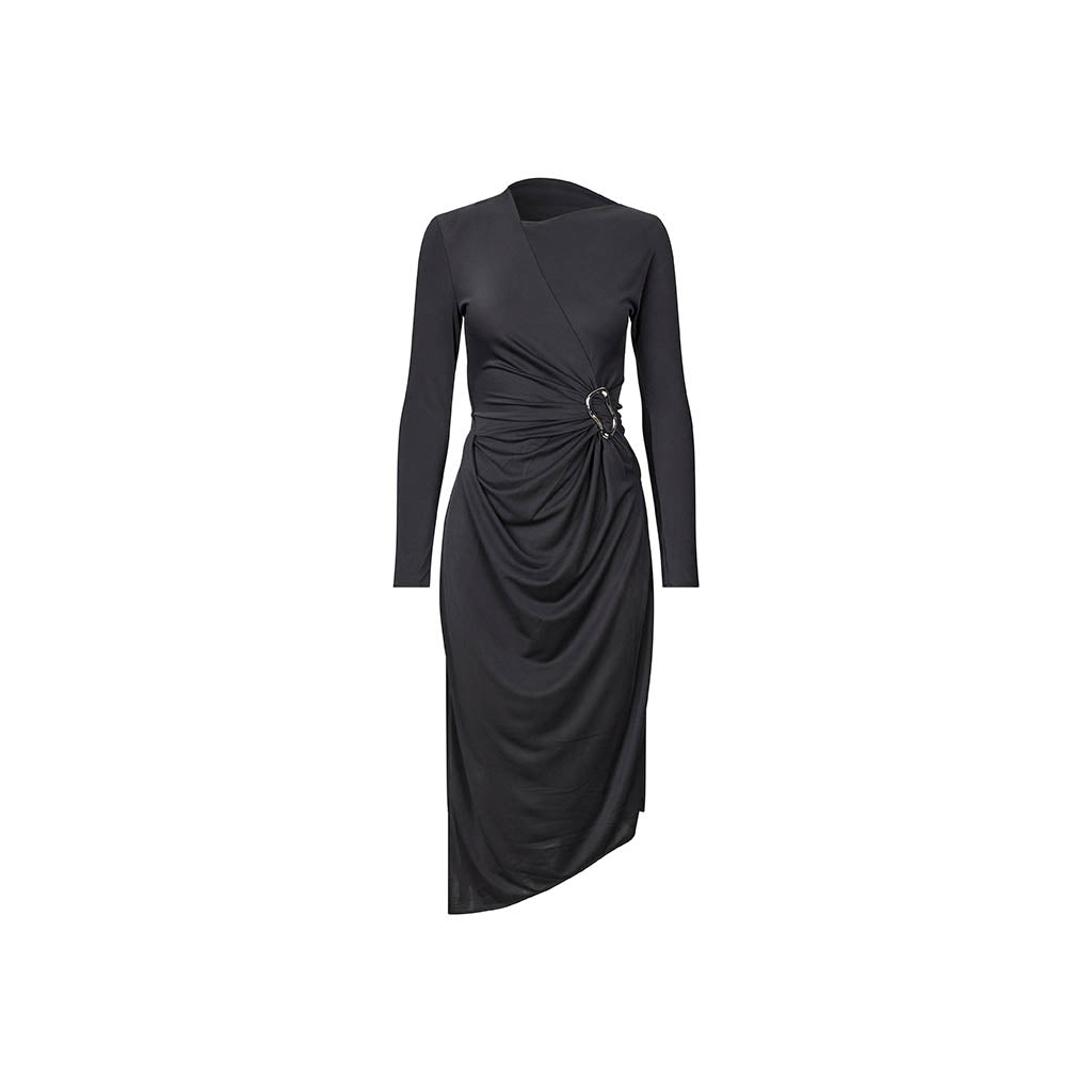 Long Sleeve Midi Dress With Fixed Buckle - Jet Black