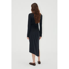 Long Sleeve Midi Dress With Fixed Buckle - Jet Black