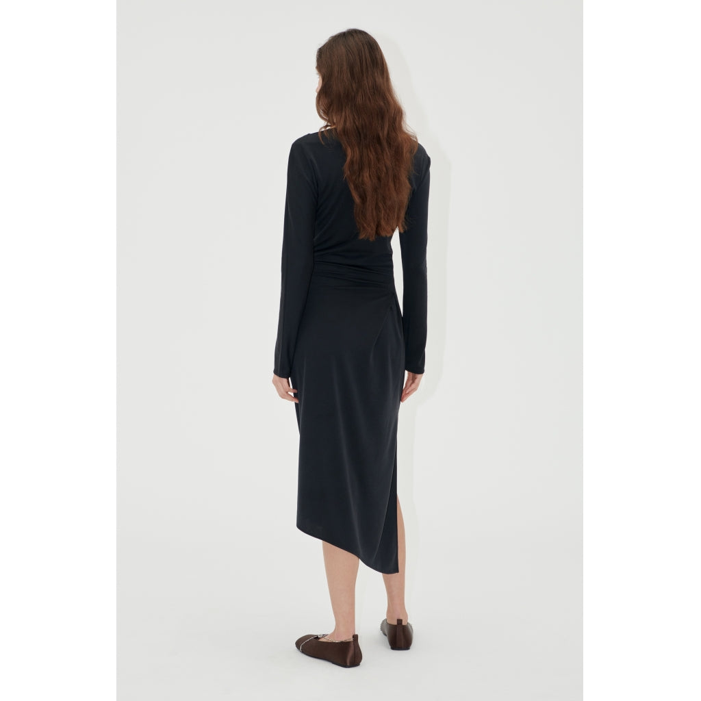 Long Sleeve Midi Dress With Fixed Buckle - Jet Black