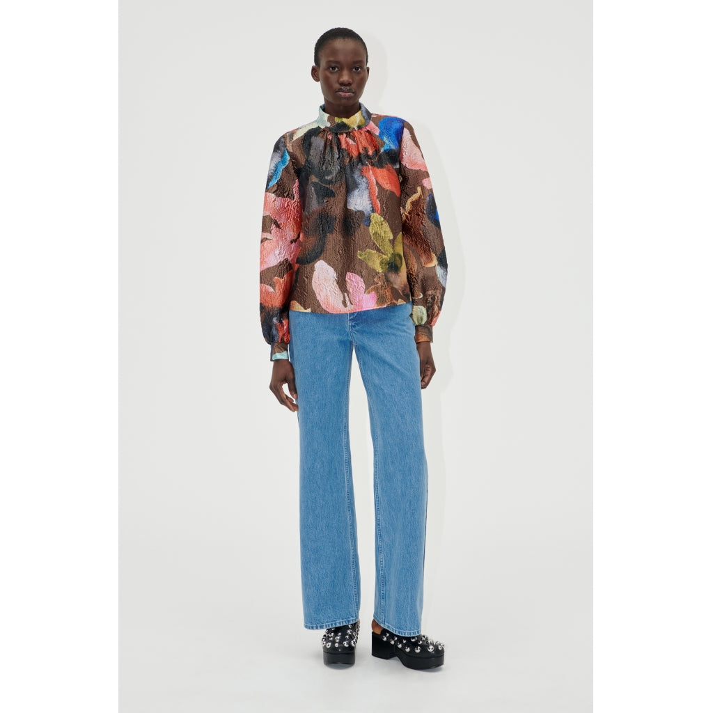 Gathered Long Sleeve Top - Aquarelle Garden