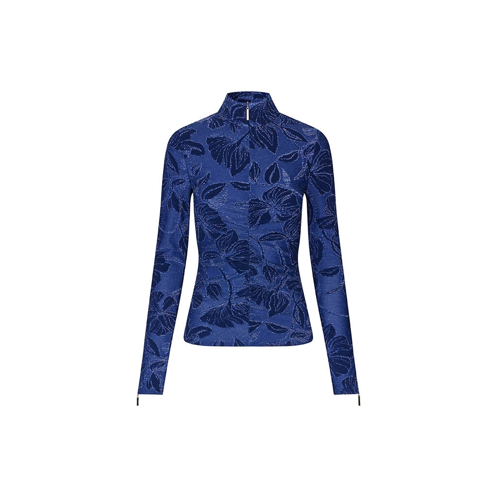 Gathered Long Sleeve High Neck Collar Top - Fine Line Poppies