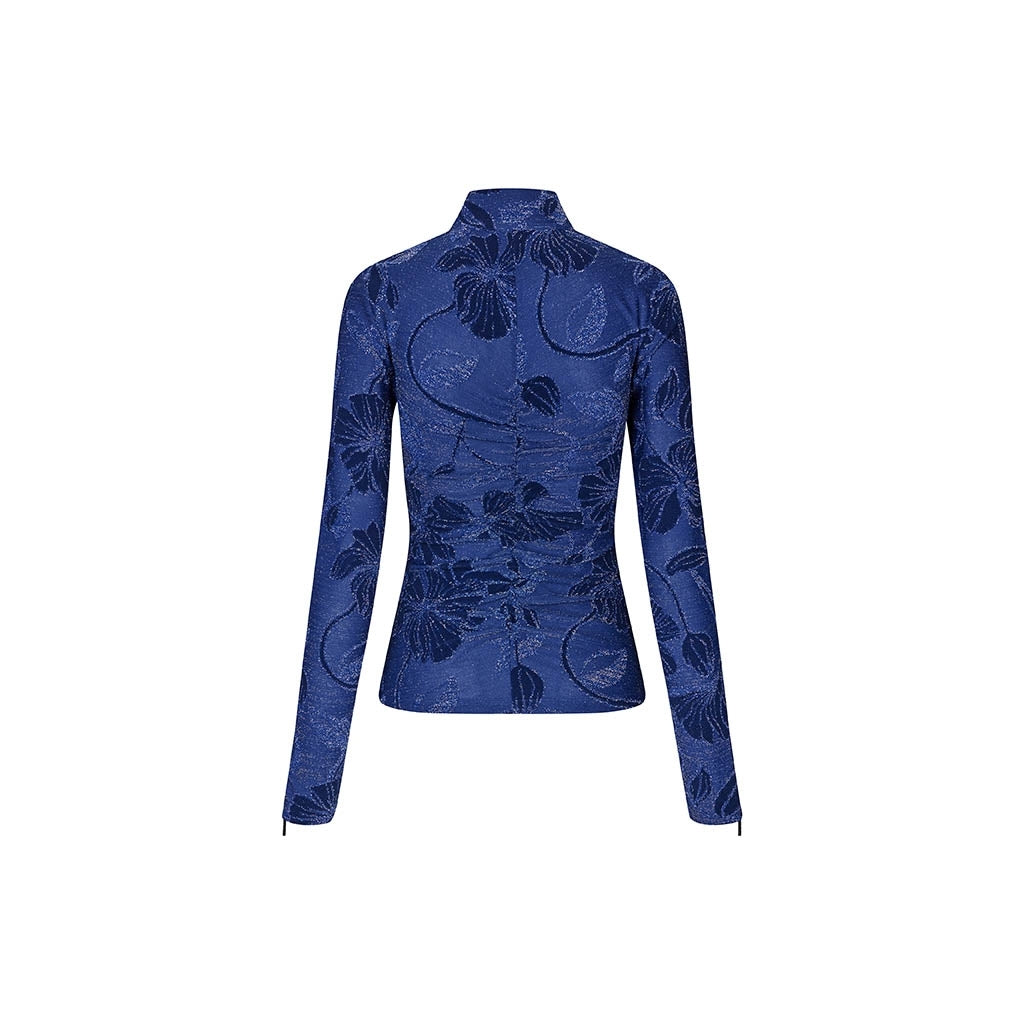 Gathered Long Sleeve High Neck Collar Top - Fine Line Poppies