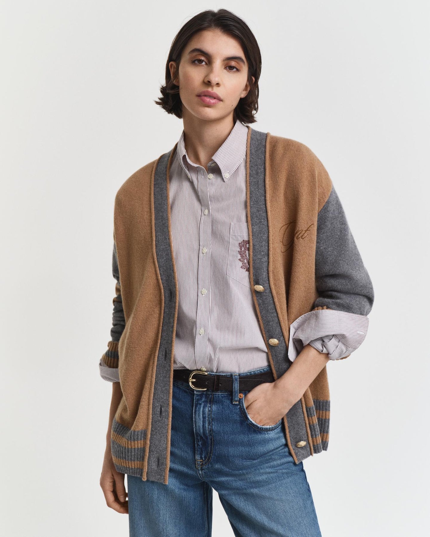 GANT Varsity V-Neck Cardigan - Whiskey Brown